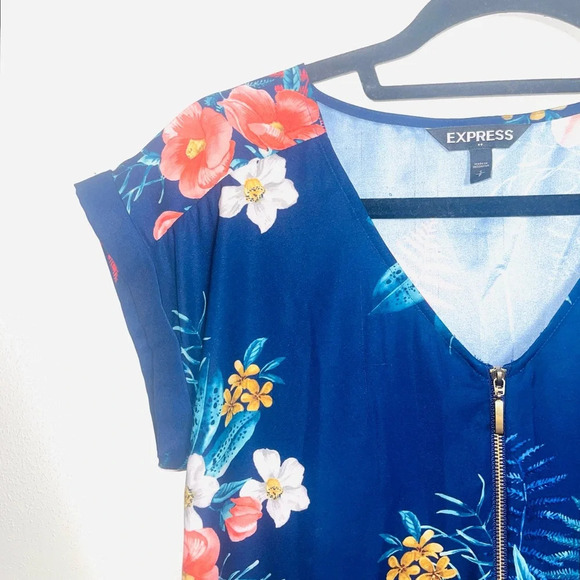 Express Blue Multicolor Tropical Floral Print Zip Front Blouse Small Women’s - Picture 3 of 12